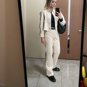 Zara Off-White Denim Wide-Leg Pants